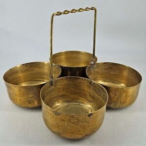 Vintage brass four bowl serving piece chowmukh chopala w handle